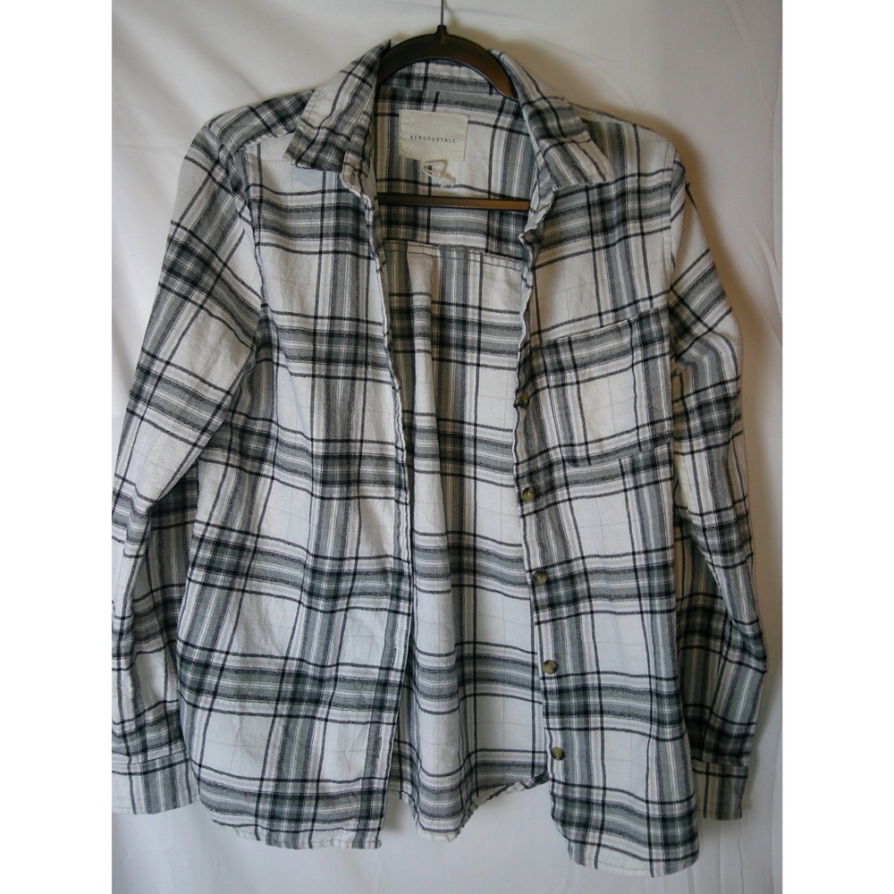 Aeropostale Plaid Flannel Shirt Womens Long Sleeve Button Down White Black S